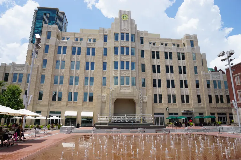 Sundance Square Plaza in downtown Fort Worth with its fountains and historic buildings
